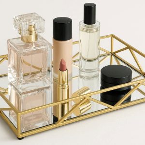 Mirrored Glass Vanity Tray Gold Metal Decorative Tray Perfume Cosmetic Makeup Storage Organizer Bedroom Bathroom Countertop